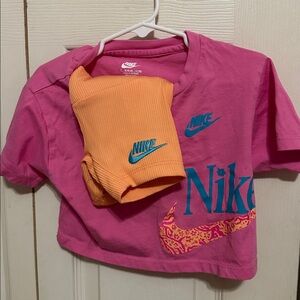 Nike Pink and Orange Tee with matching biker shorts